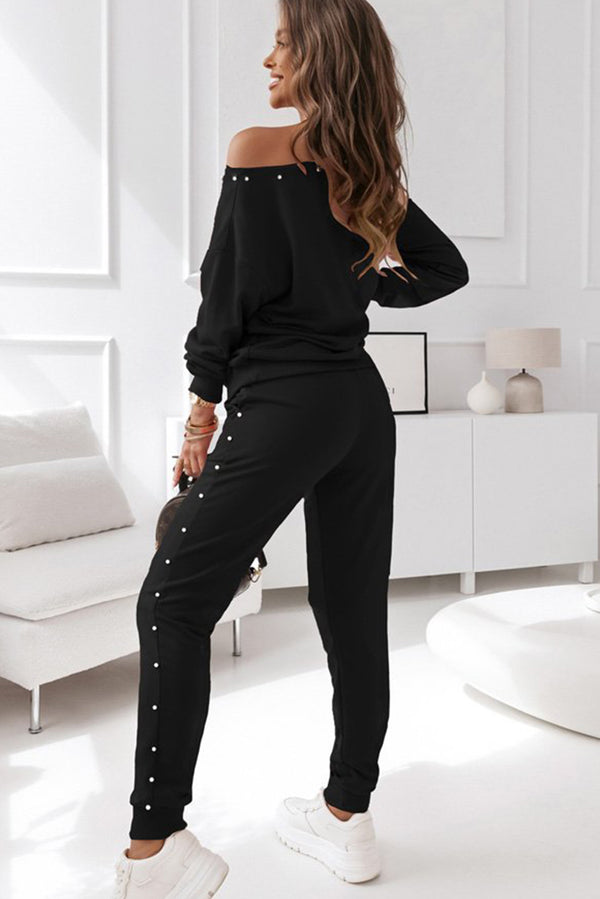 Black Beaded Decor Pullover And Jogger Pants Set