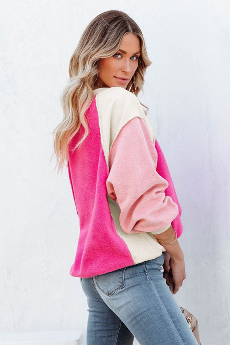 Rosy Colorblock Patchwork Plush Pullover Sweatshirt