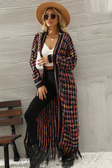 Black Plaid Fringe Hem Long Knit Cardigan