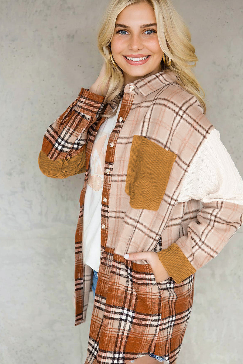 Orange Plaid Color Block Patchwork Pocket Shirt Shacket