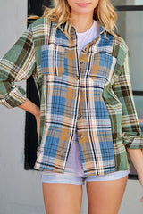 Green Plaid Colorblock Casual Pockets Button Up Shacket