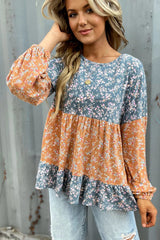 Orange Ditsy Floral Color Block Ruffle Hem Long Sleeve Top