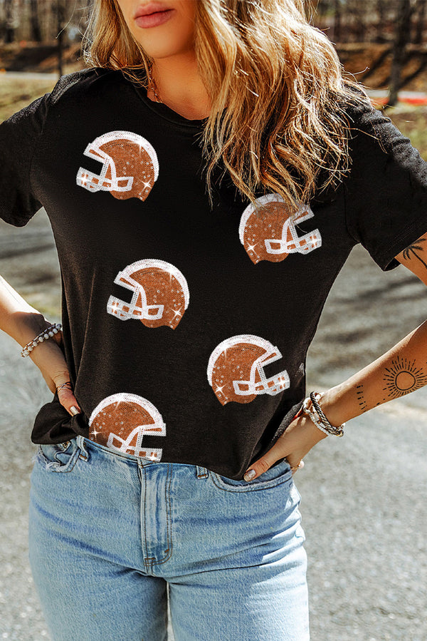 Black Sequin Baseball Helmet Graphic Crewneck T Shirt