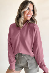 Fushia Zipper Collared Drop Shoulder Plain Sweatshirt