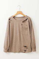 Khaki Casual Distressed Pocket Long Sleeve Top