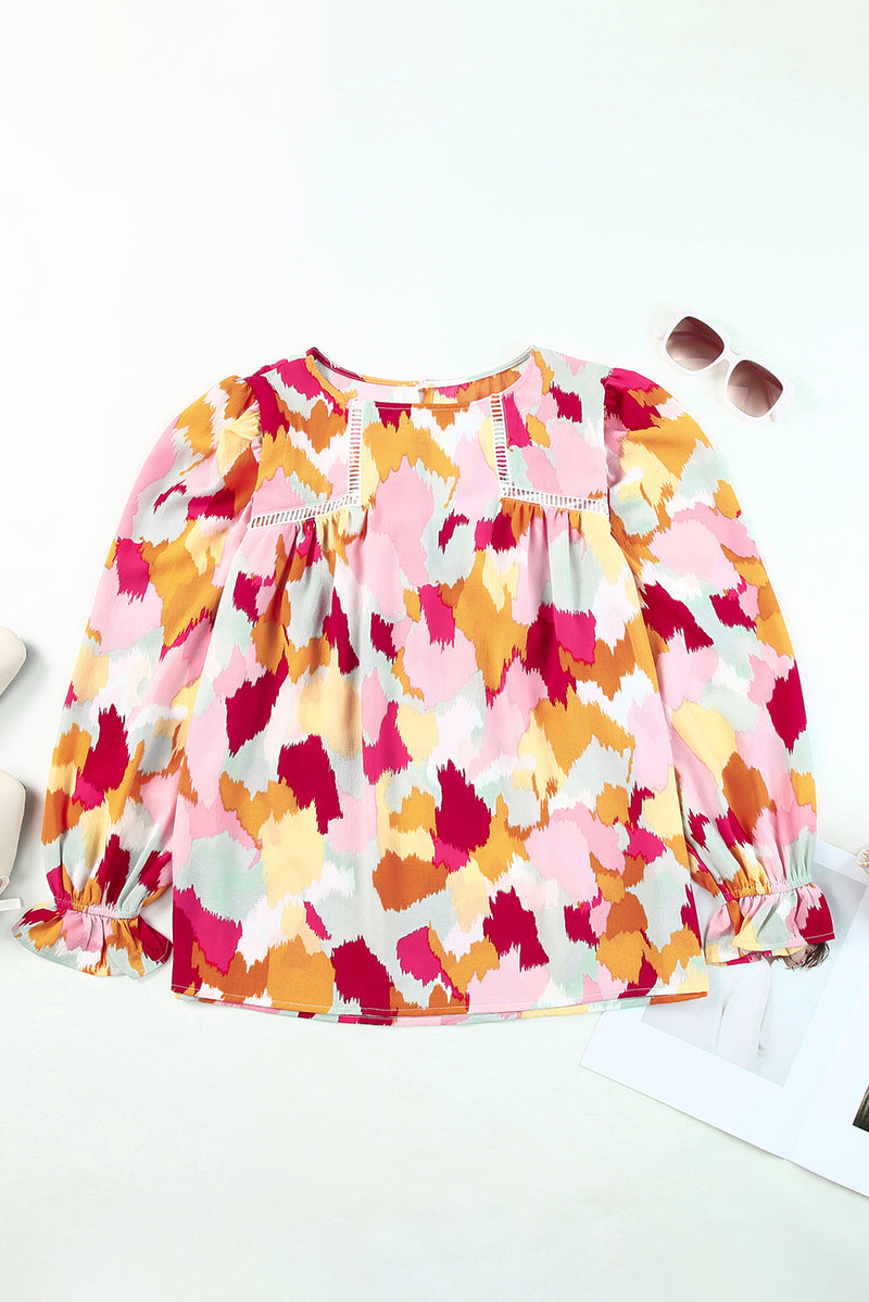 Multicolor Abstract Print Boho Ruffle Puff Sleeve Blouse