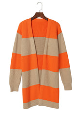 Orange Colorblock Ribbed Knit Open Front Cardigan