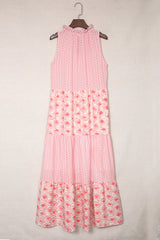 Pink Abstract Sleeveless V Neck Summer Tiered Dress