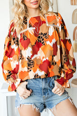 Multicolor Abstract Print Boho Ruffle Puff Sleeve Blouse