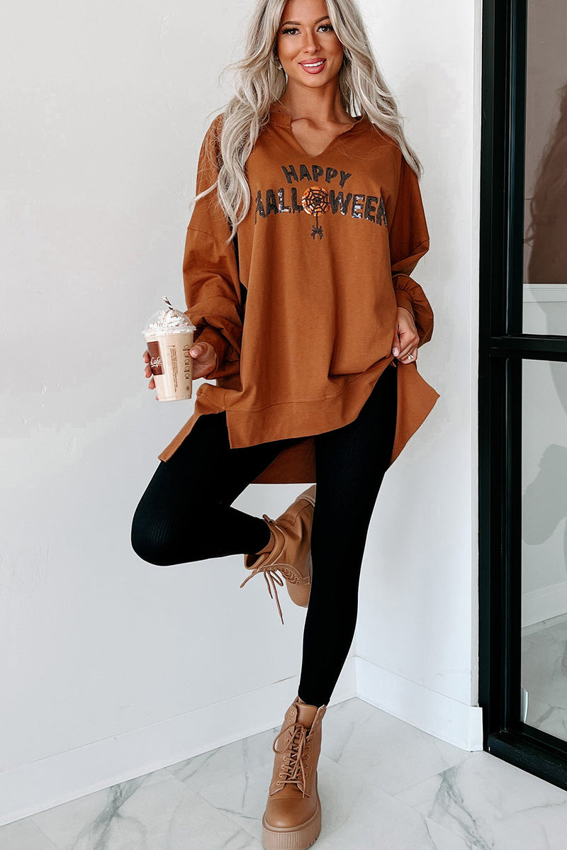 Chestnut Sequin Happy Halloween Graphic Notched Neck Loose Top