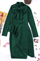 Green Asymmetric Peplum Style Pussy Bow Dress