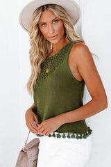 Green Tasseled Crochet Hollow-out Knit Tank Top