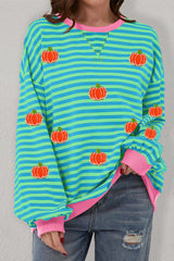 Sky Blue Stripe Glitter Halloween Pumpkin Print Oversized Sweatshirt