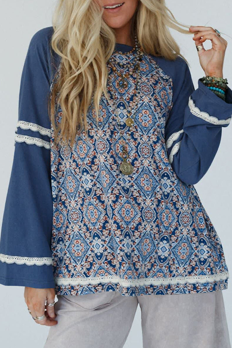 Blue Boho Geometric Print Lace Ricrac Raglan Sleeve Blouse