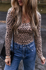 Smoke Gray Leopard Print Scoop Neck Slim Fit Bodysuit