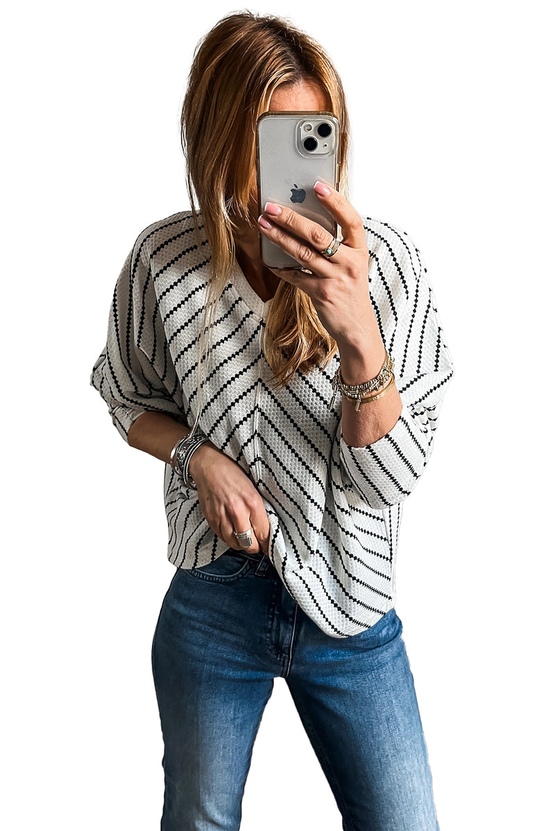 Black Stripe V Neck Long Sleeve Waffle Knit Top