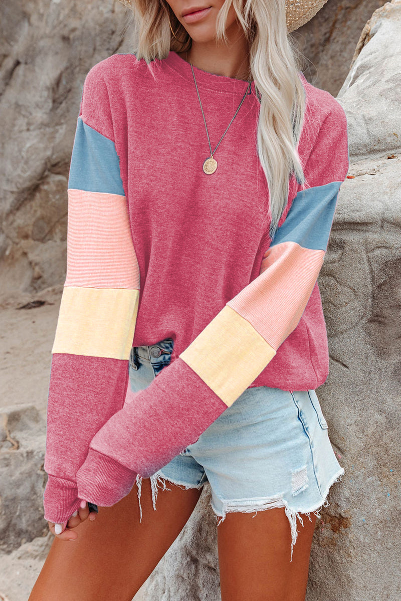 Rosy Color Block Casual Drop Sleeve Sweatshirt