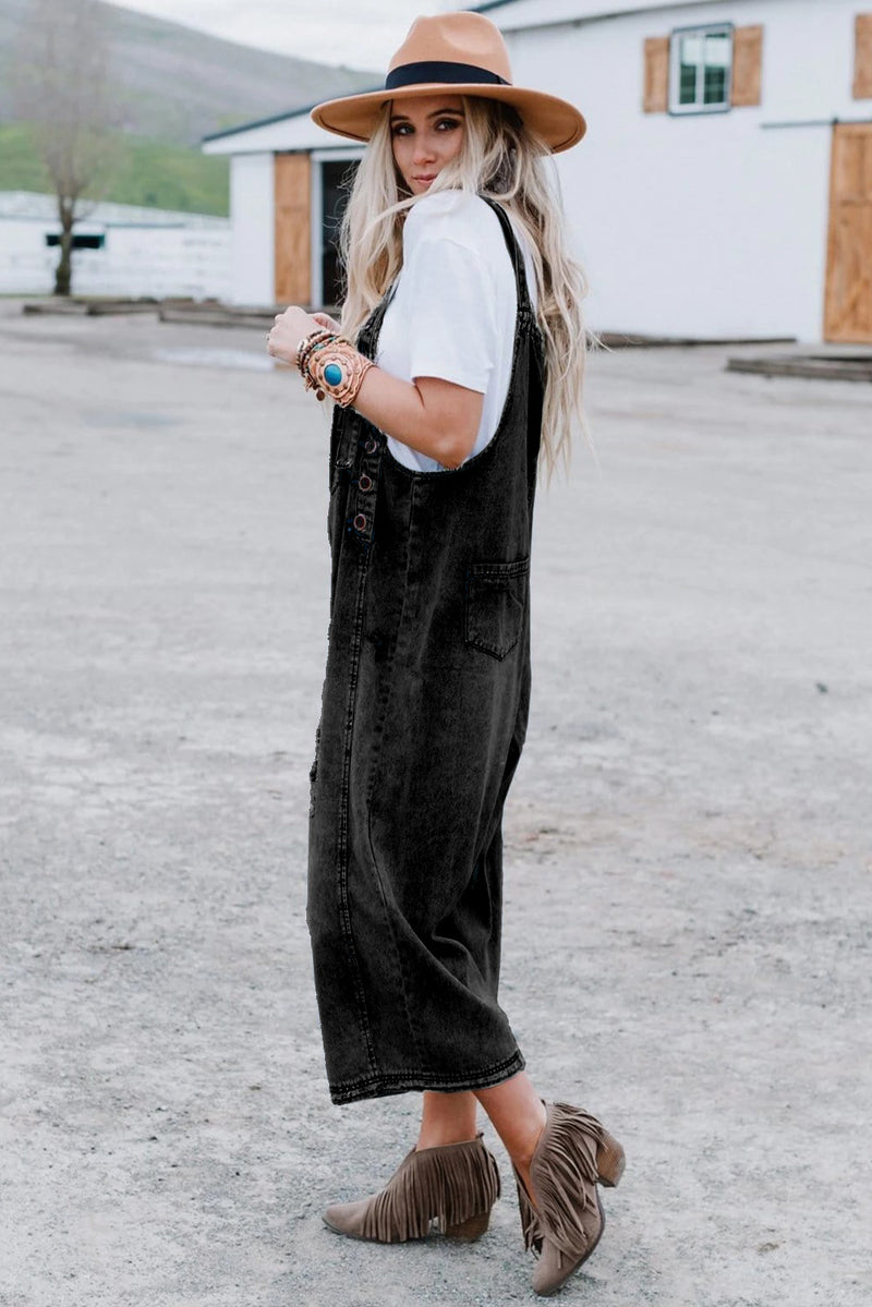 Black Distressed Bib Pocket Wide Leg Denim Overall