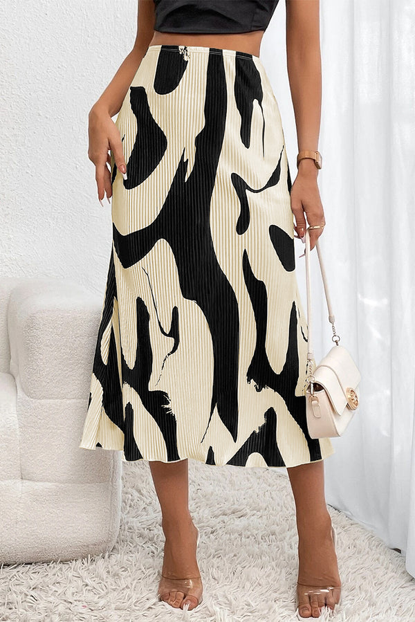 Black Colorblock Abstract Print Pleated Midi Skirt