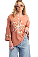 Grapefruit Orange Flower Exposed Seam Patchwork Loose Top