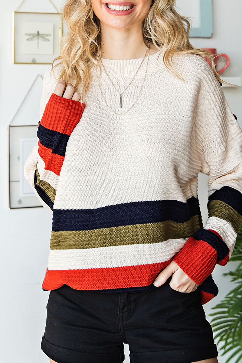 Colorblock Striped Button Drop Shoulder Pullover Sweater