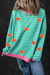 Sky Blue Stripe Glitter Halloween Pumpkin Print Oversized Sweatshirt