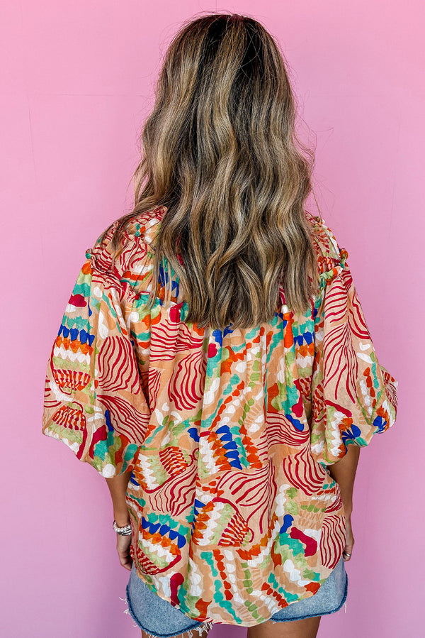 Orange Abstract Print Shirred Bubble Half Sleeve V Neck Blouse