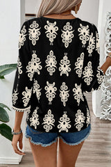 Black Ethnic Abstract Print Puff Sleeve V Neck Blouse