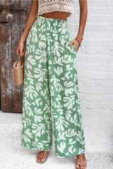 Green Boho Floral Print Frill Elastic Waist Pants