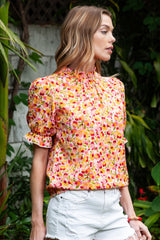 Orange Floral Boho Frill Mock Neck Blouse