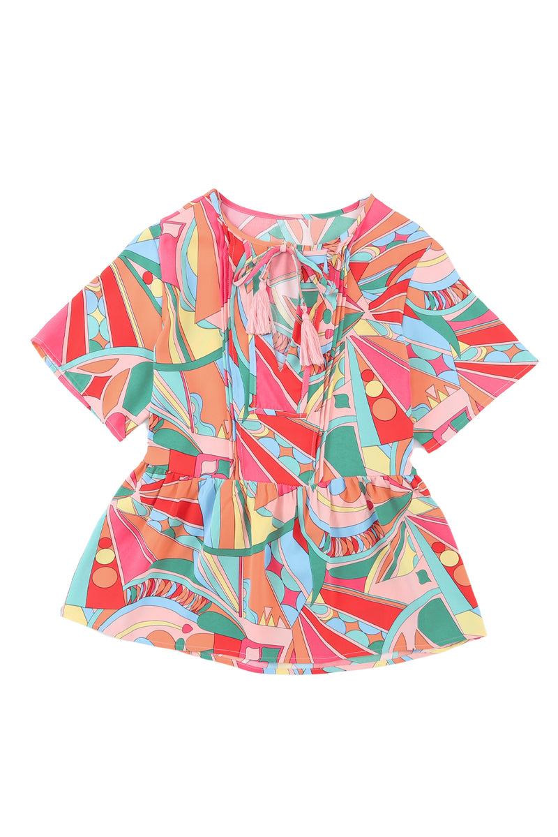 Multicolor Boho Abstract Pattern Split V Neck Flowy Top