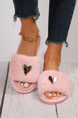 Black Heart Open Toe Plush Slippers