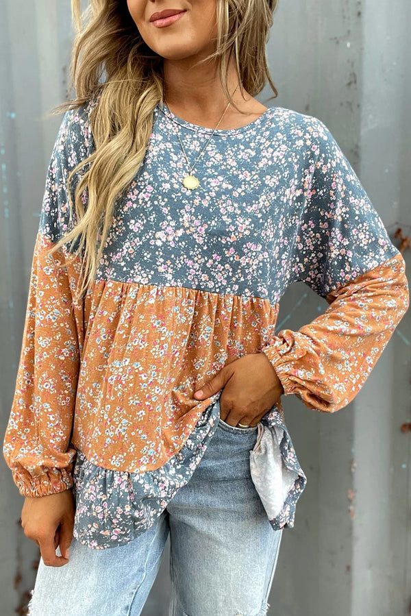 Orange Ditsy Floral Color Block Ruffle Hem Long Sleeve Top