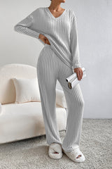 Khaki Slouchy Ribbed Knit V Neck Top & Pants Loungewear Set