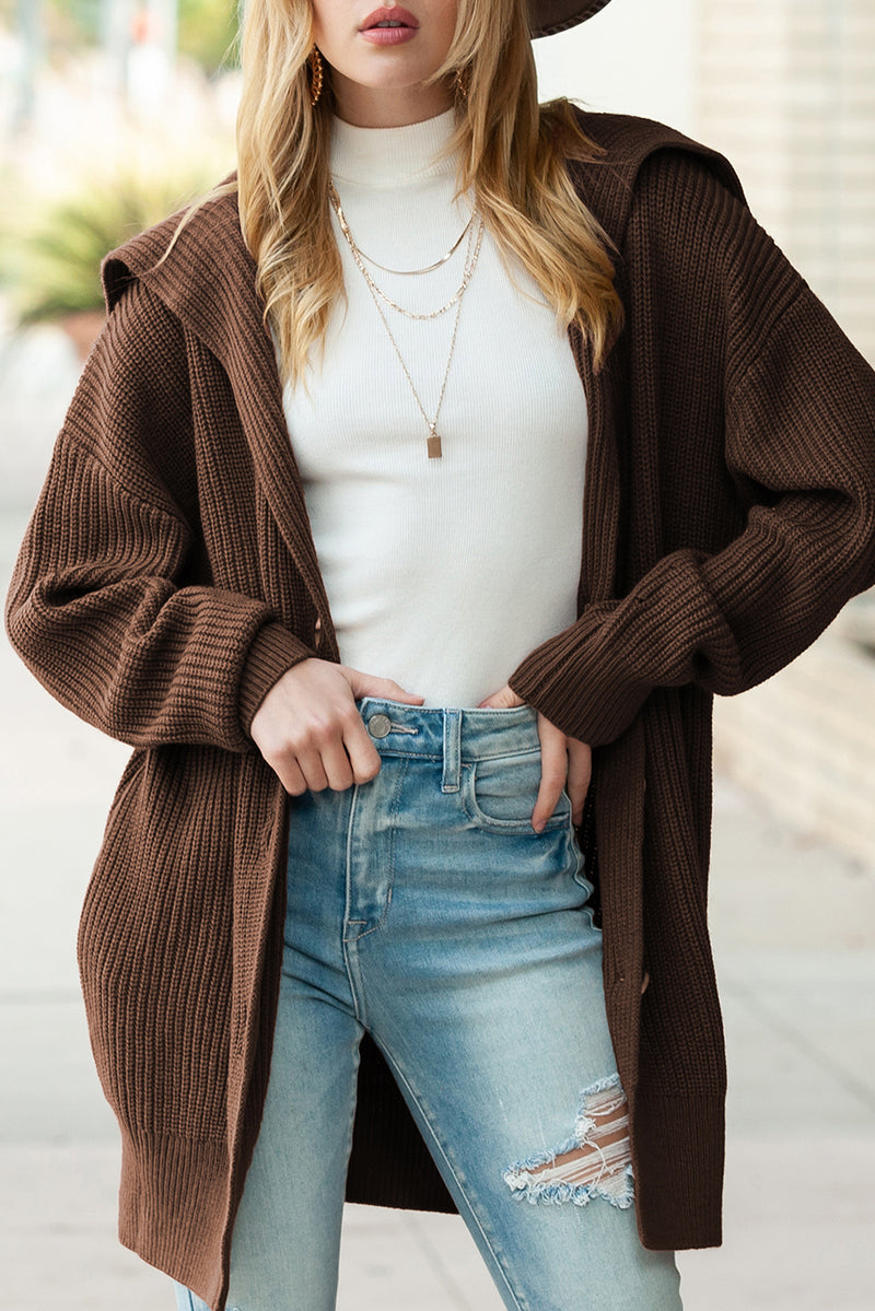 Brown Pocketed Button Up Chunky Knit Cardigan