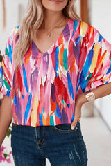 Multicolor Watercolor Abstract Print V Neck Blouse