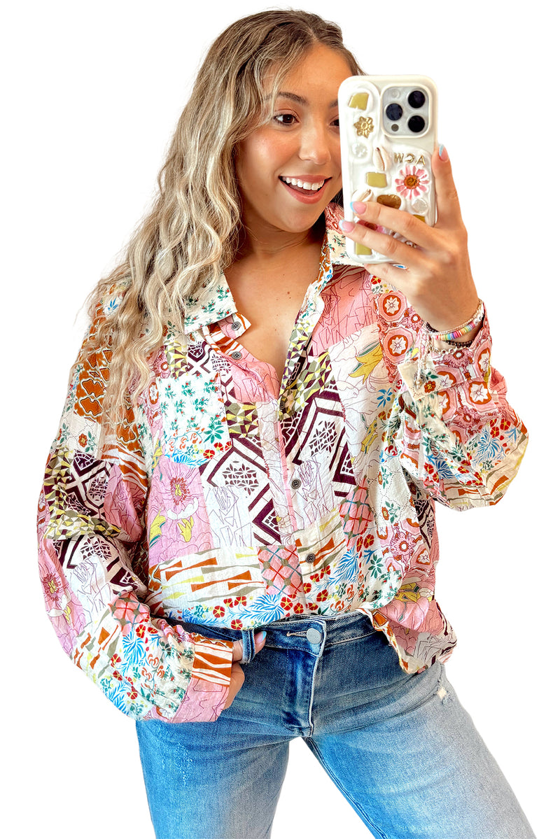 Pink Abstract Print Boho Button Down Shirt