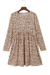 Khaki Crew Neck Long Sleeve High Waisted Leopard Print Dress