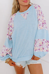 Beau Blue Ribbed Floral Patchwork Balloon Sleeve Top