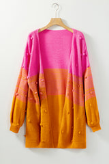 Rose Pompom Color Block Knit Open Front Cardigan