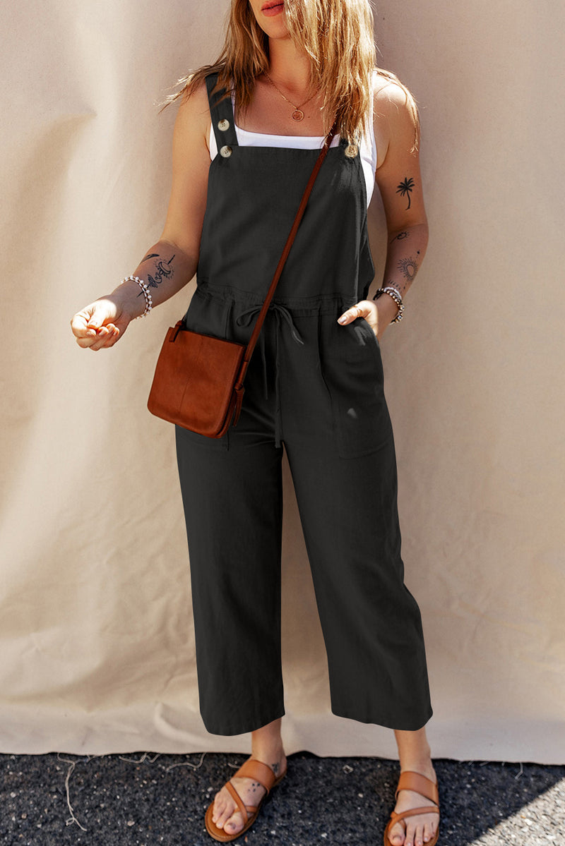 Black Drawstring Buttoned Straps Cropped Jumpsuit