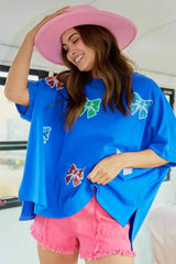 Blue Sequin Bowknot Print Round Neck Oversized T Shirt