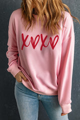 Pink Heart XOXO Graphic Crewneck Drop Shoulder Valentines Sweatshirt