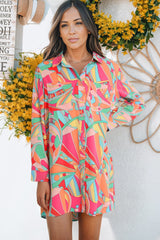 Multicolor Abstract Print Long Sleeve Shirt Dress