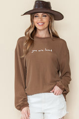 Khaki You Are Loved Print Corduroy Sweatshirt