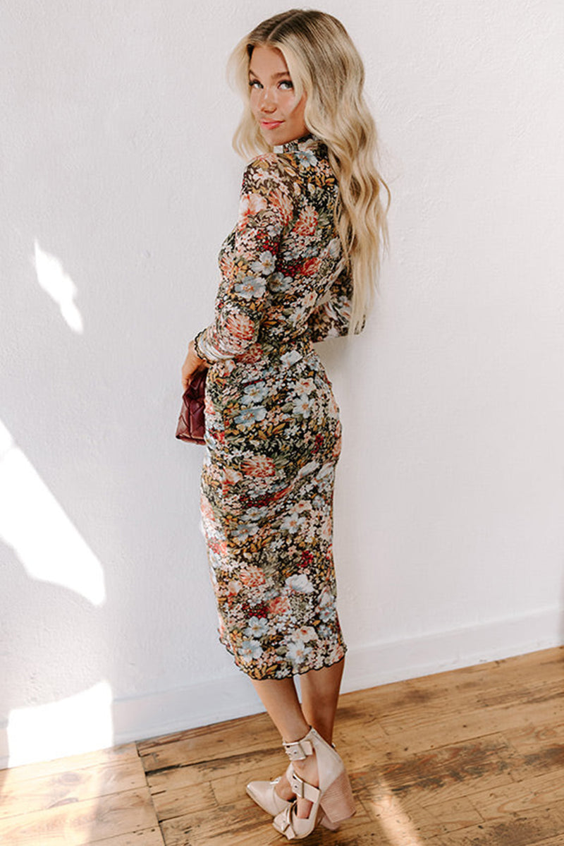 Brown Floral Allover Print Mock Neck Bodycon Midi Dress