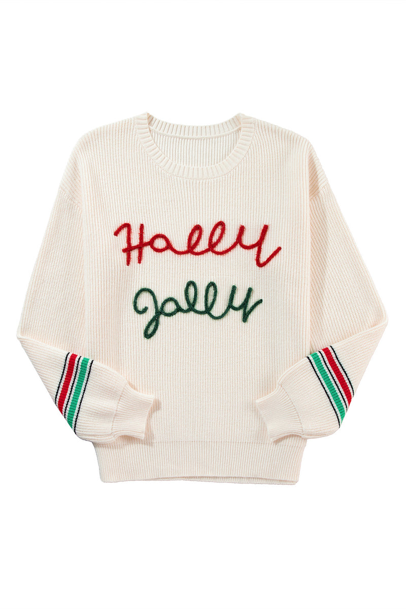 Beige Tinsel Holly Jolly Graphic Round Neck Sweater