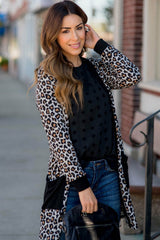 Black Leopard Patched Pocket Open Front Cardigan