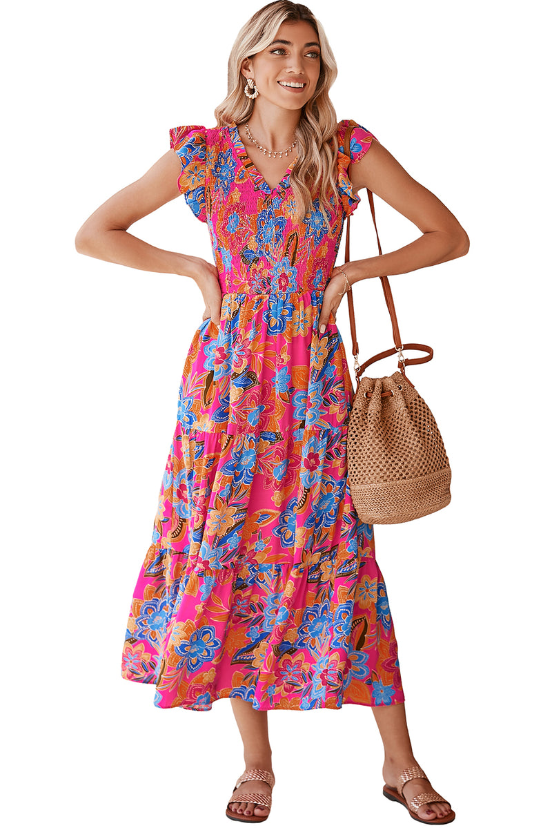 Dark Blue Boho Floral V Neck Ruffle Tiered Long Dress