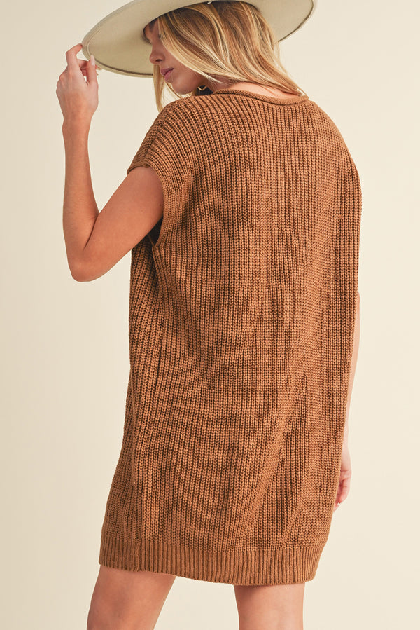 Camel V Neck Loose Fit Mini Knitted Dress